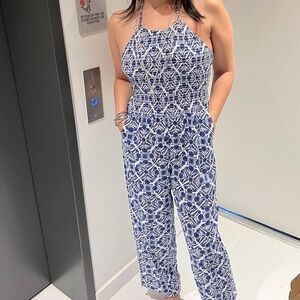 blue & white italian pattern smocked halter jumpsuit- vacation to Amalfi Coast